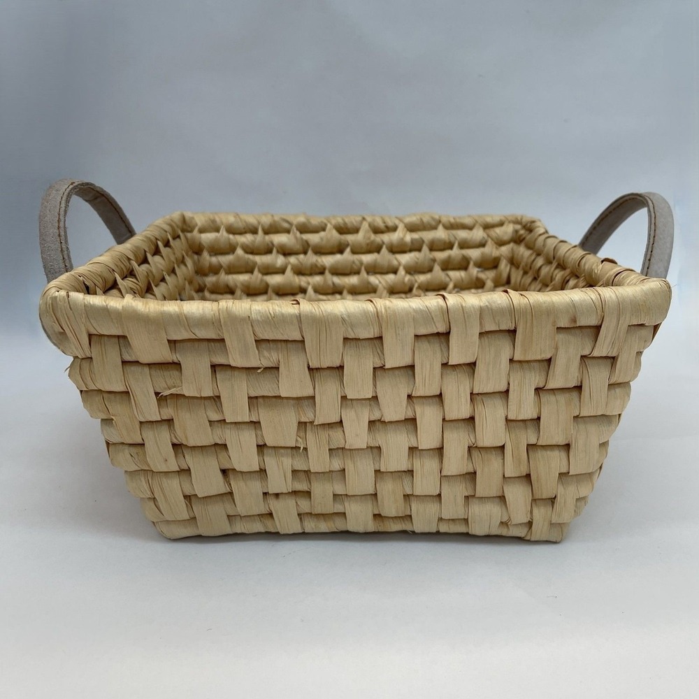 Natural Square Wicker Woven Basket with Handles Leather 10" x 10.25" x 4.75" H